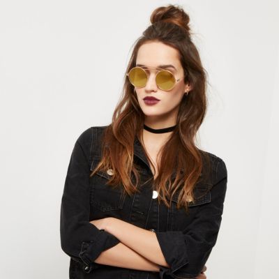 Gold double brow bar round sunglasses